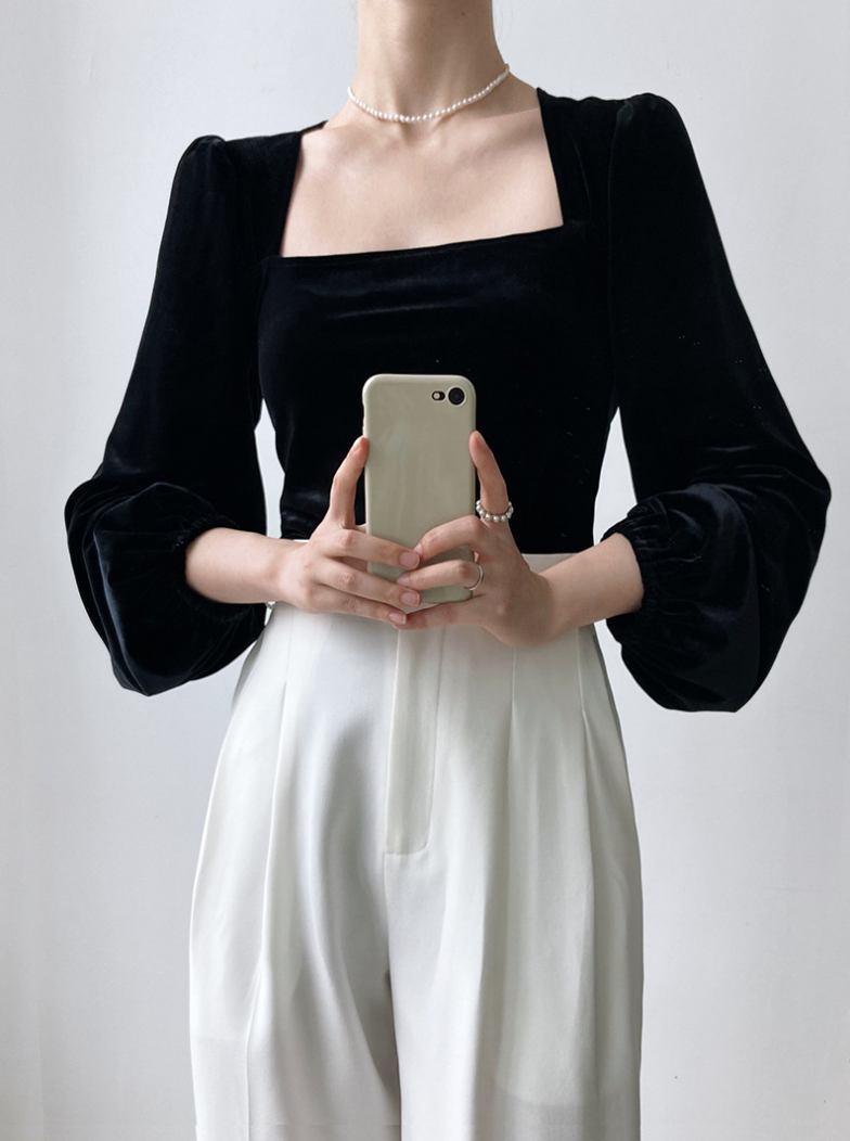 ［ SET ］スクエアネックベロアトップス×チェックAラインミニスカート