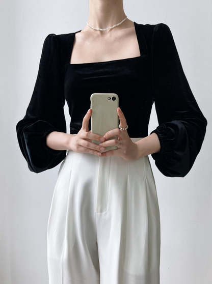 ［ SET ］スクエアネックベロアトップス×チェックAラインミニスカート