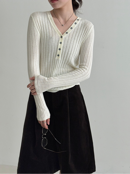 リブVネックボタンニットトップス