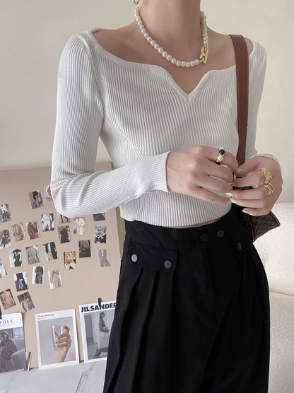 カーブネックリブニットトップス