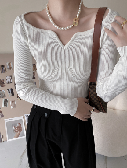 カーブネックリブニットトップス