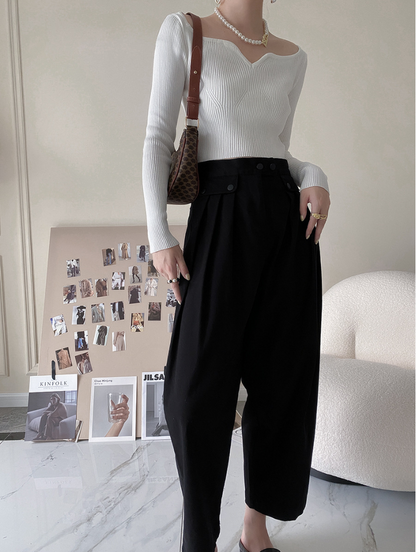 カーブネックリブニットトップス