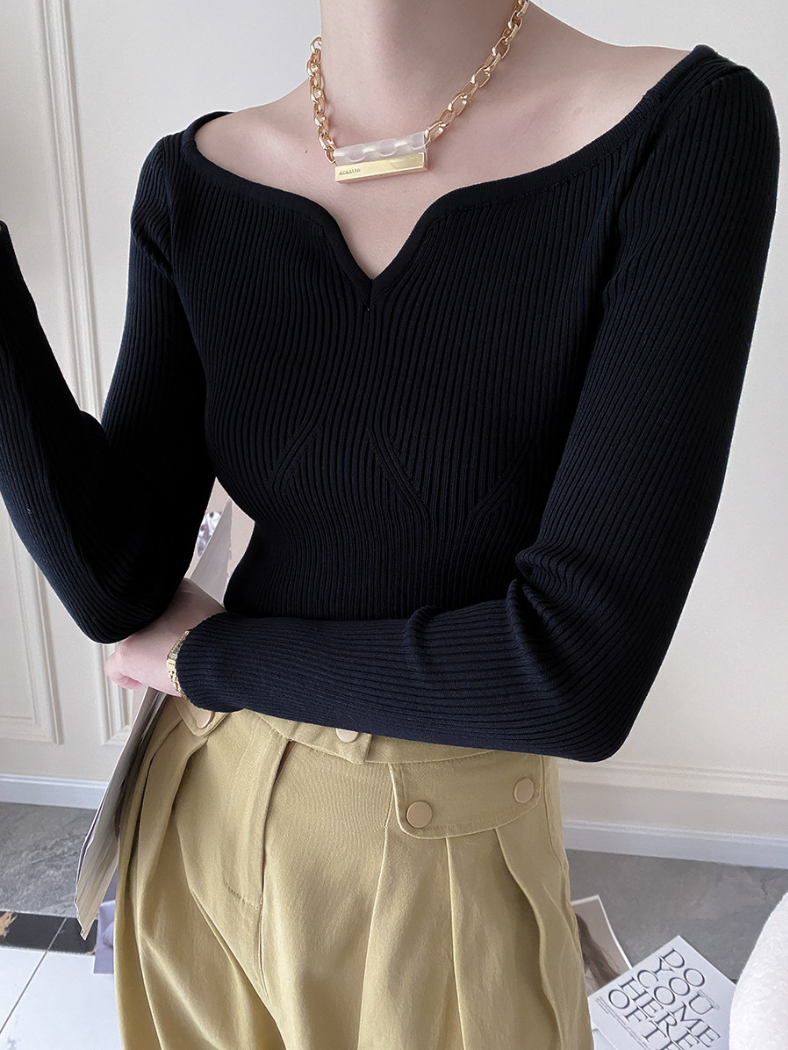 カーブネックリブニットトップス