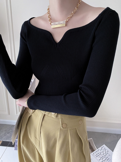 カーブネックリブニットトップス