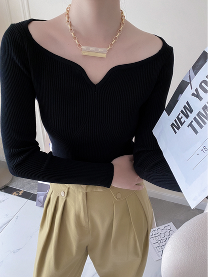 カーブネックリブニットトップス