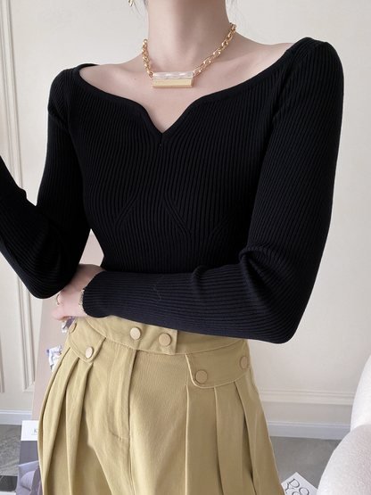 カーブネックリブニットトップス