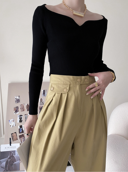 カーブネックリブニットトップス