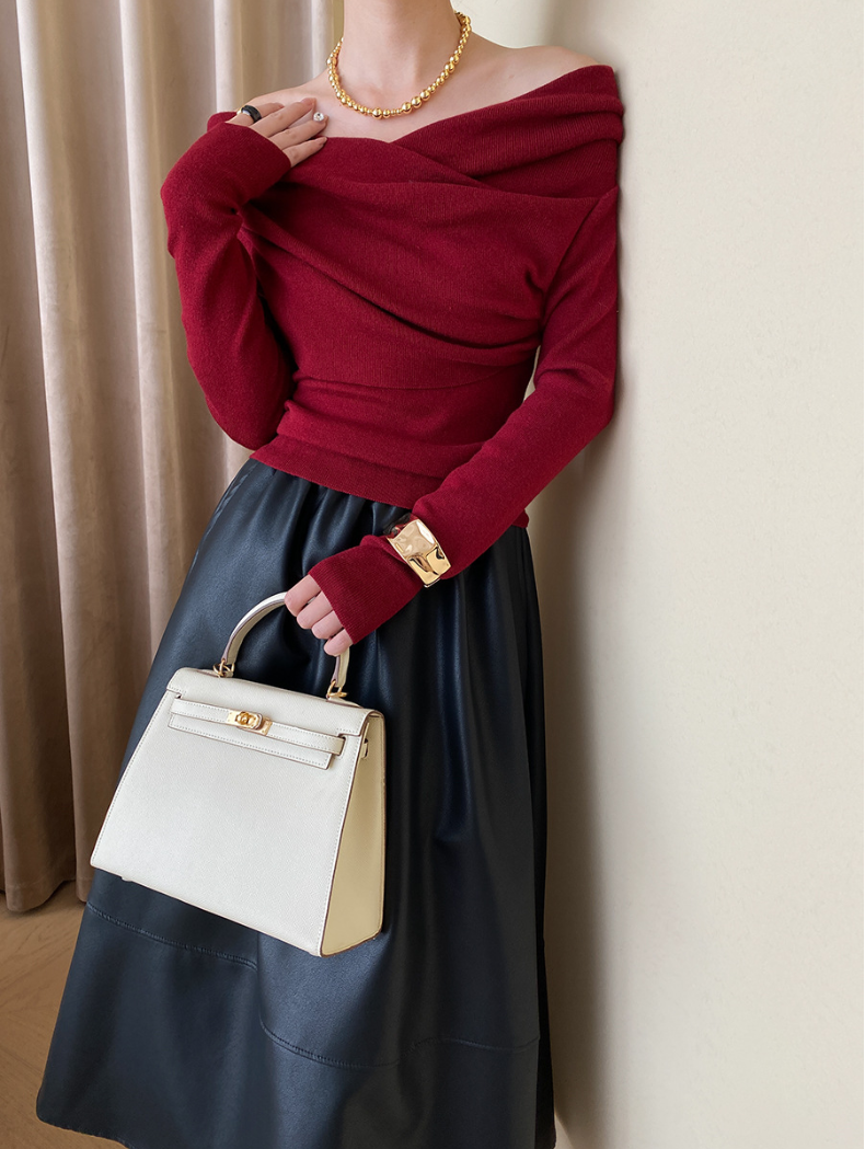 オフショルダードレープニットトップス