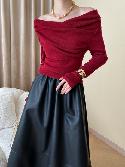 オフショルダードレープニットトップス