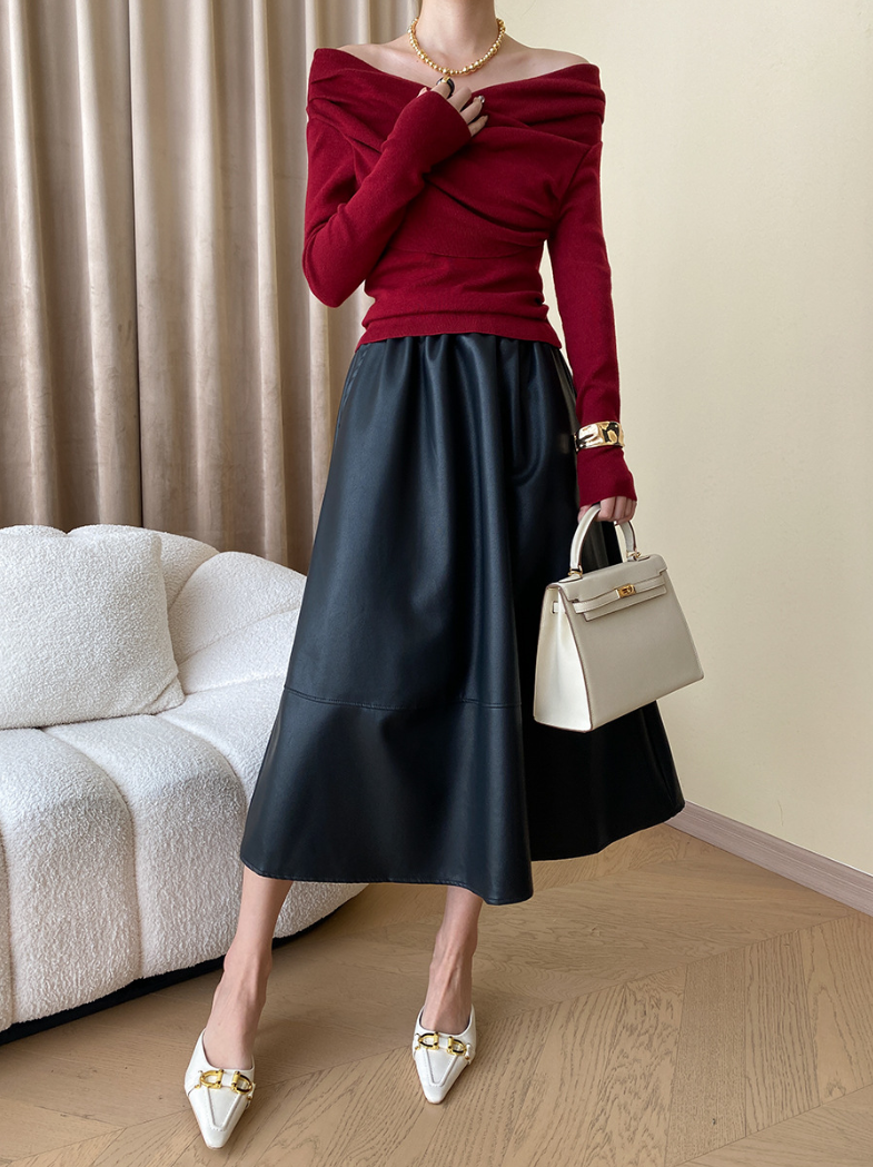 オフショルダードレープニットトップス