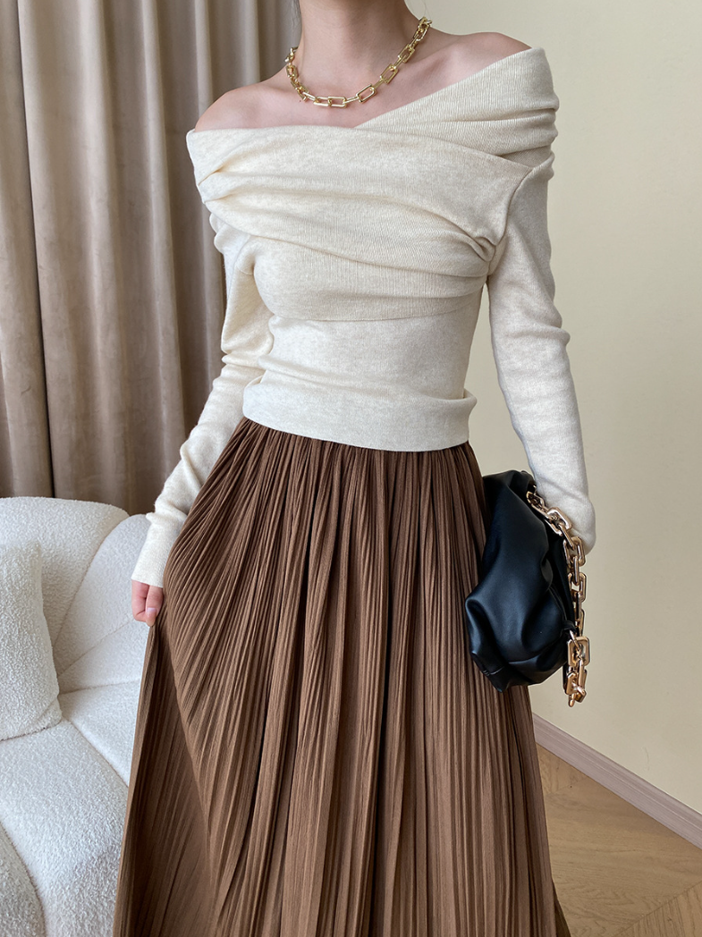 オフショルダードレープニットトップス