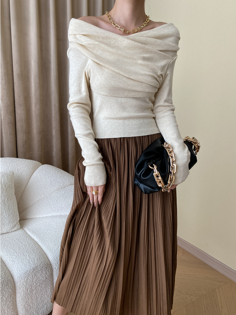 オフショルダードレープニットトップス