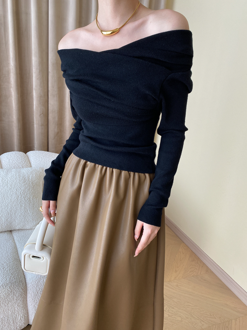オフショルダードレープニットトップス