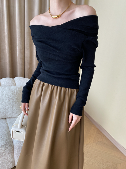 オフショルダードレープニットトップス