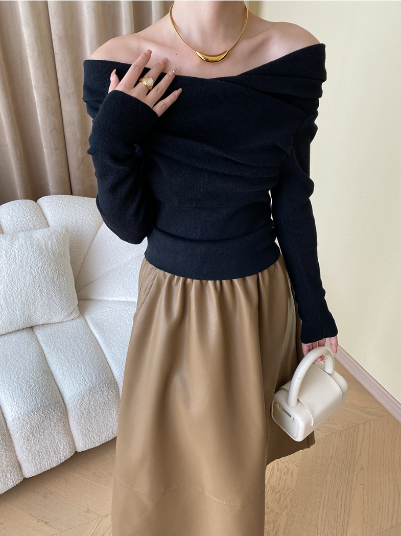 オフショルダードレープニットトップス