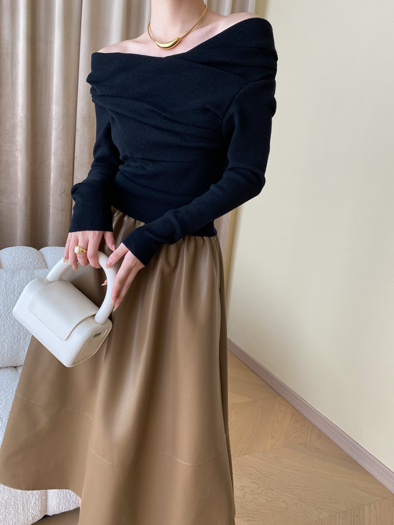 オフショルダードレープニットトップス