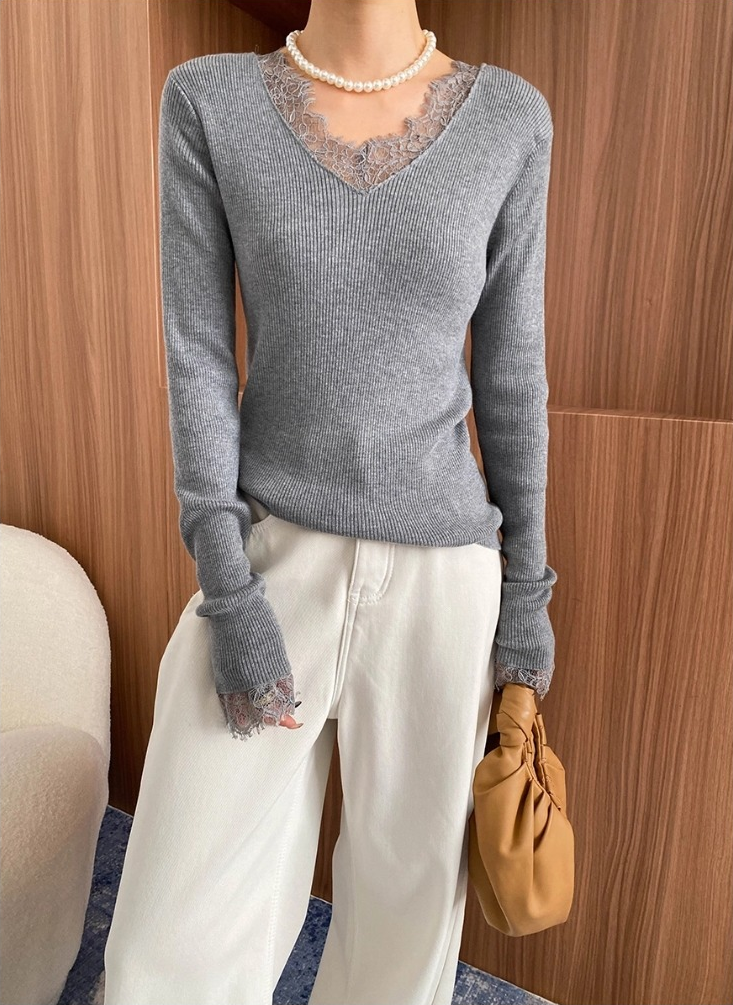 レーストリムVネックリブニット