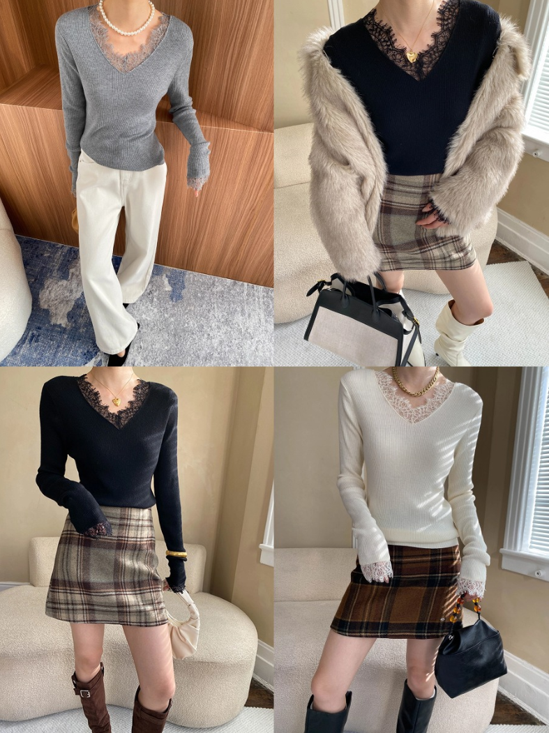 レーストリムVネックリブニット