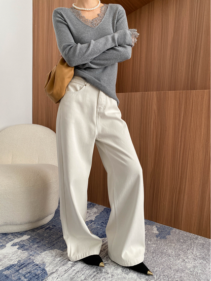 レーストリムVネックリブニット