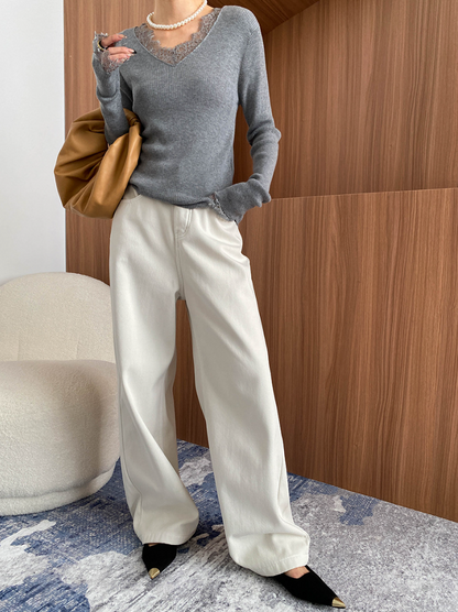 レーストリムVネックリブニット