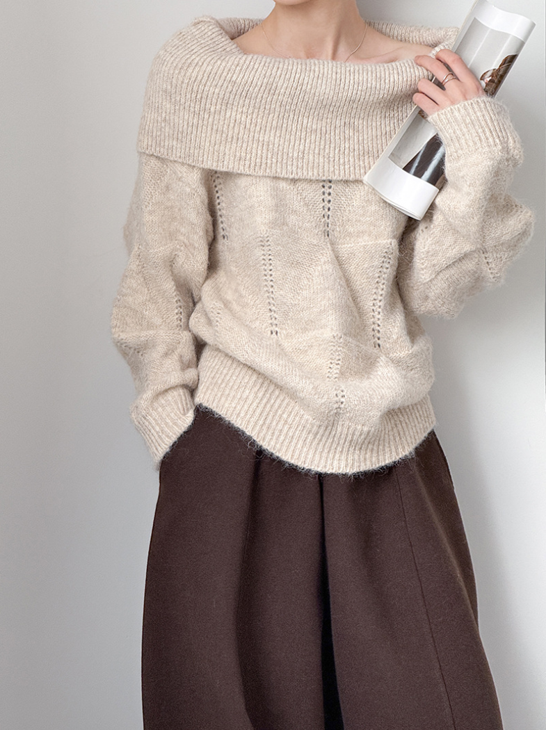 ［ SET ］オフショルダールーズニットプルオーバー×ティアードシフォンロングスカート