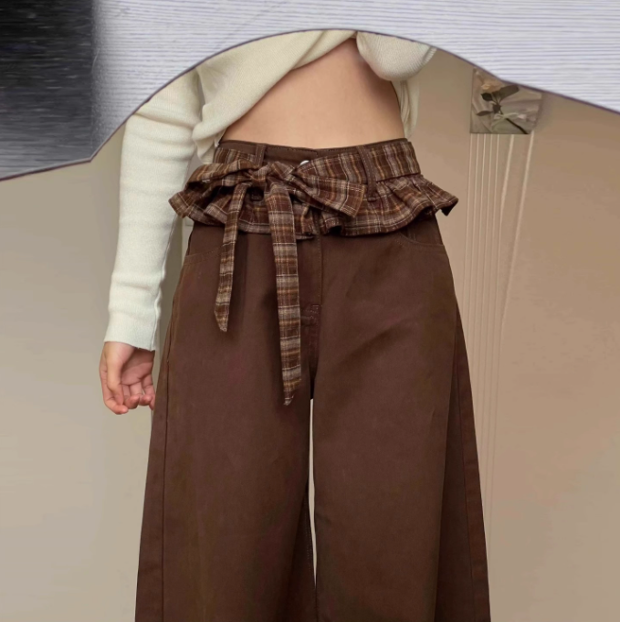 ［ SET ］スクエアネックリブニットトップス×チェックリボン付きフリルウエストワイドパンツ