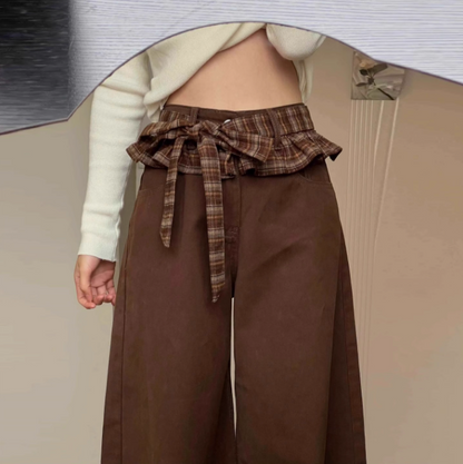 ［ SET ］スクエアネックリブニットトップス×チェックリボン付きフリルウエストワイドパンツ