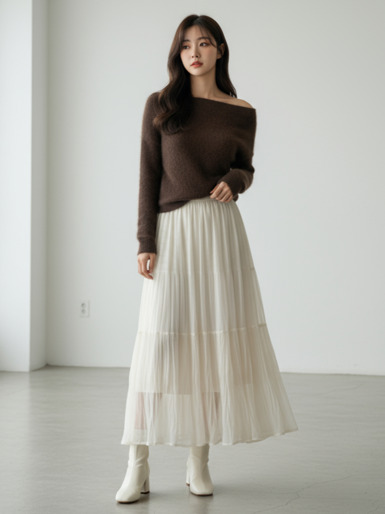 ［ SET ］モヘアライクフェザーニットプルオーバー × ティアードシフォンロングスカート