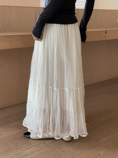 ［ SET ］モヘアライクフェザーニットプルオーバー × ティアードシフォンロングスカート