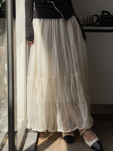 ［ SET ］モヘアライクフェザーニットプルオーバー × ティアードシフォンロングスカート