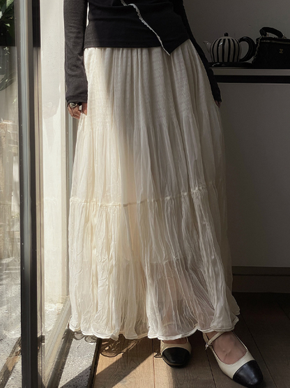 ［ SET ］モヘアライクフェザーニットプルオーバー × ティアードシフォンロングスカート