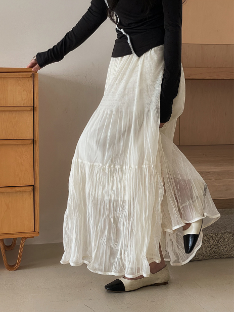 ［ SET ］モヘアライクフェザーニットプルオーバー × ティアードシフォンロングスカート