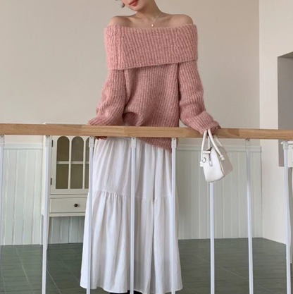 オフショルダーモヘアタッチルーズニット