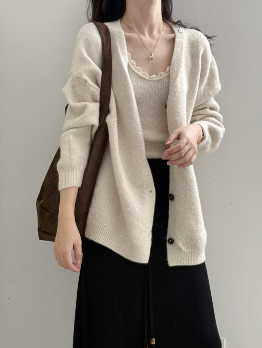 ソフトタッチニットカーデ＆レーストリムキャミトップセット