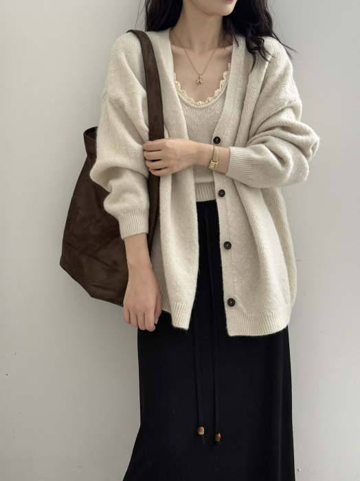 ソフトタッチニットカーデ＆レーストリムキャミトップセット