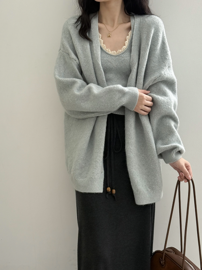 ソフトタッチニットカーデ＆レーストリムキャミトップセット