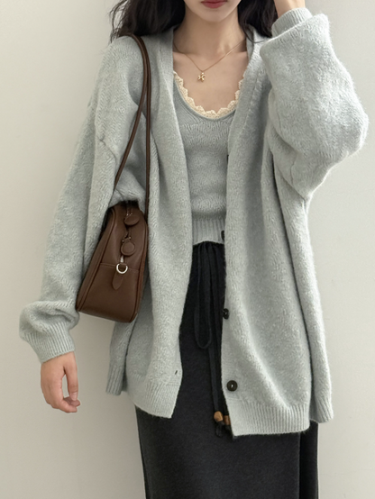 ソフトタッチニットカーデ＆レーストリムキャミトップセット