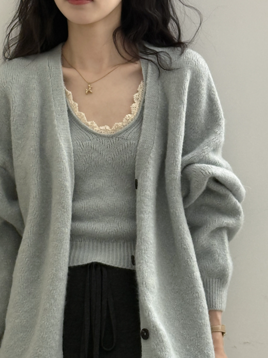 ソフトタッチニットカーデ＆レーストリムキャミトップセット