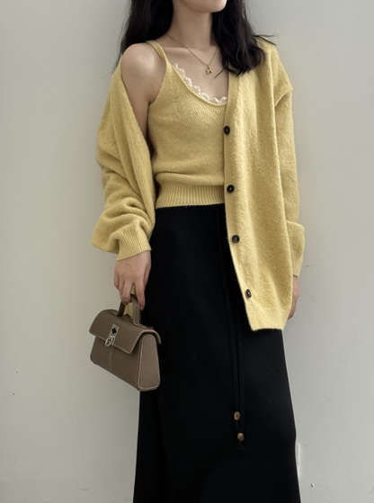 ソフトタッチニットカーデ＆レーストリムキャミトップセット