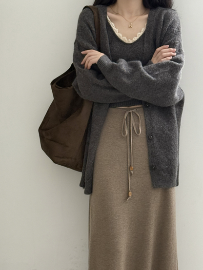 ソフトタッチニットカーデ＆レーストリムキャミトップセット