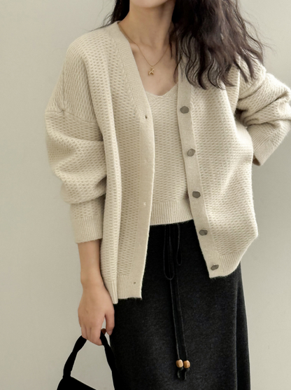 ワッフルニットカーデ × リブキャミソールセット
