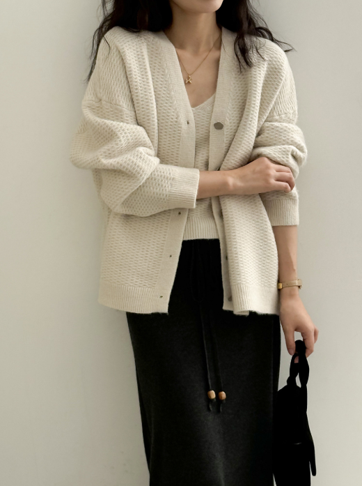 ワッフルニットカーデ × リブキャミソールセット