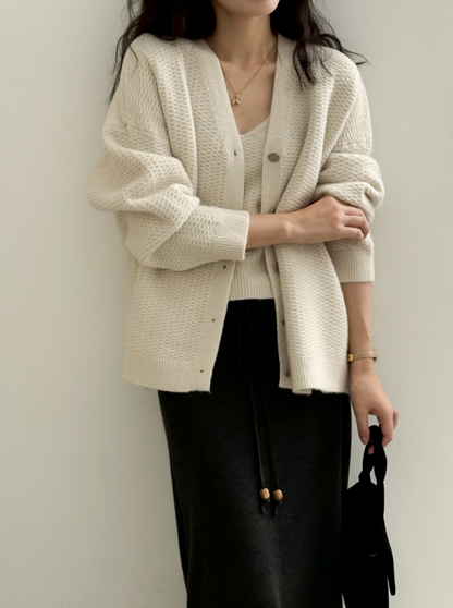ワッフルニットカーデ × リブキャミソールセット