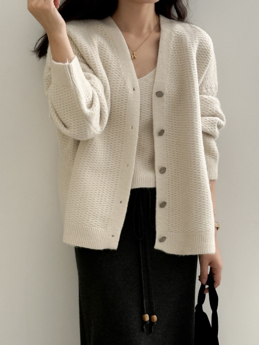 ワッフルニットカーデ × リブキャミソールセット