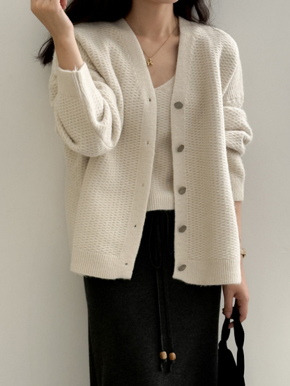 ワッフルニットカーデ × リブキャミソールセット