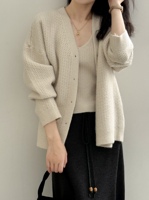 ワッフルニットカーデ × リブキャミソールセット