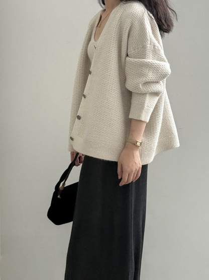 ワッフルニットカーデ × リブキャミソールセット