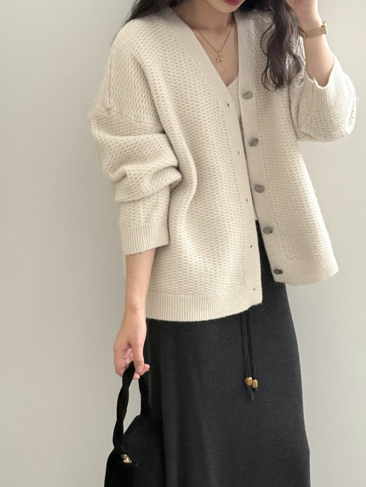 ワッフルニットカーデ × リブキャミソールセット