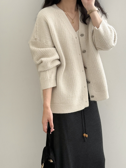 ワッフルニットカーデ × リブキャミソールセット