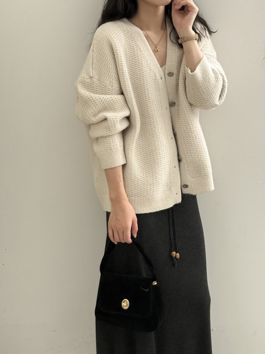 ワッフルニットカーデ × リブキャミソールセット